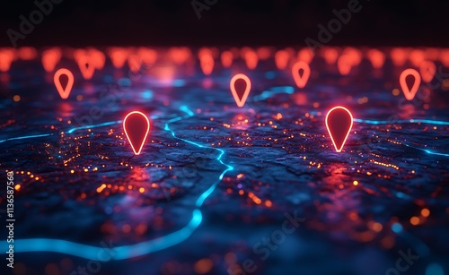 Glowing map with pins and connection lines. Technology concept photo