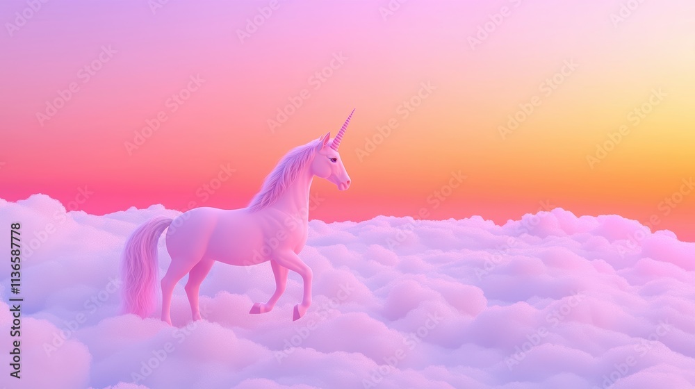 Unicorn in Magical Clous A unicorn walking on fluffy white clouds, creating a dreamy and ethereal atmosphere.