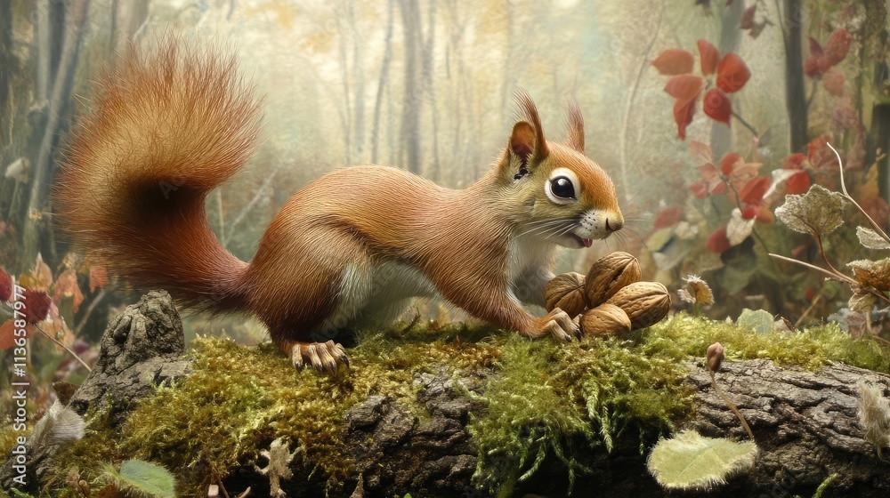A fluffy red squirrel sits on a mossy log in a whimsical forest setting, holding a pile of walnuts. The scene is soft, warm, and inviting. A fluffy red squirrel sits on a mossy log in a whimsical forest setting, holding a pile of walnuts. The scene is soft, warm, and inviting.