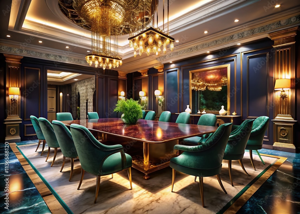 Fototapeta premium Night Photography Elegant Meeting Room Gold Accents Marble Table Velvet Chairs Interior Design