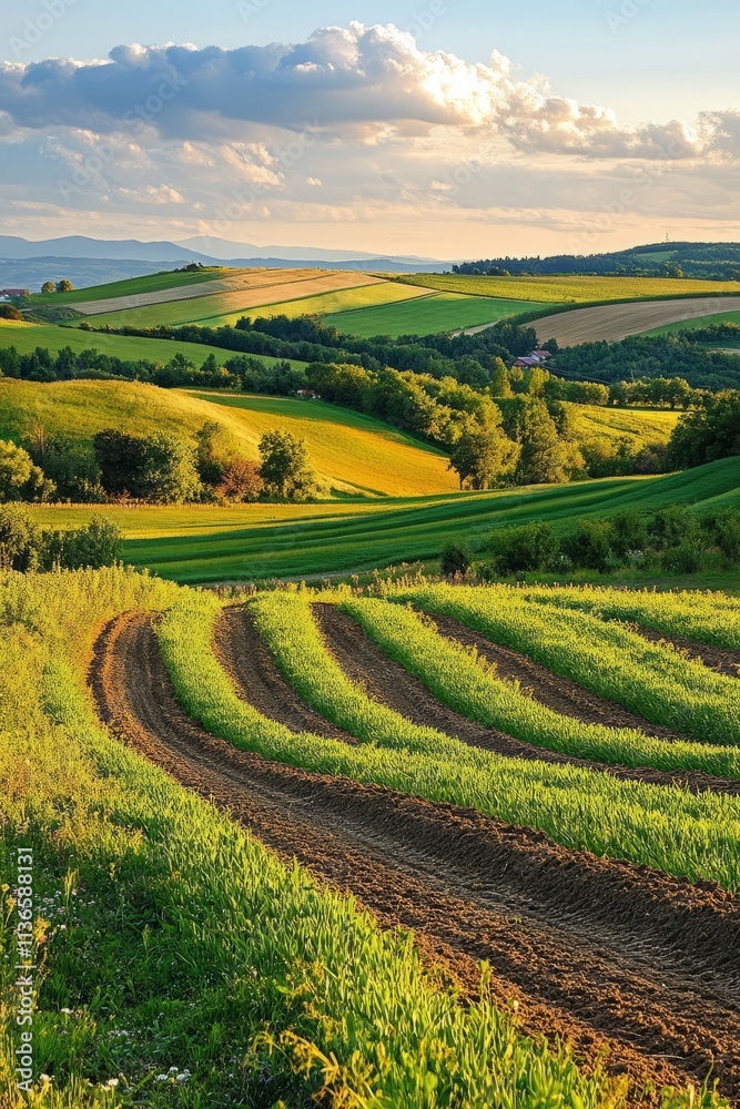 Fototapeta premium Rolling hills and cultivated fields creating a stunning landscape at sunset, vertical