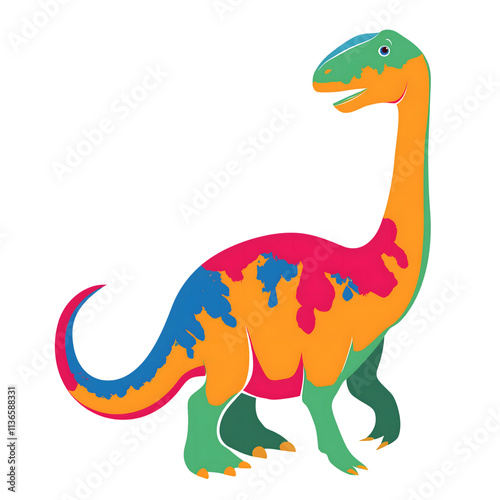 Cartoon dinosaur illustration with giraffe, bird, and other animals in a cute and fun design, transparent background photo