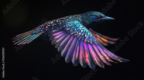 A vibrant starling in flight, its iridescent feathers shimmering with purple, pink, and teal hues against a stark black background. A captivating display of nature's artistry.