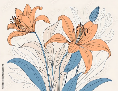a minimalist lily flowers with long stems and delicate petals with boho bohemian styles. the background is a soft with abstract shapes in pink and gold