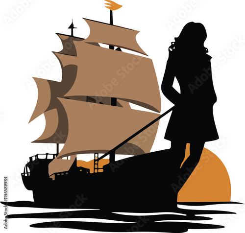 A logo with a silhouette of a woman standing on a merchant ship