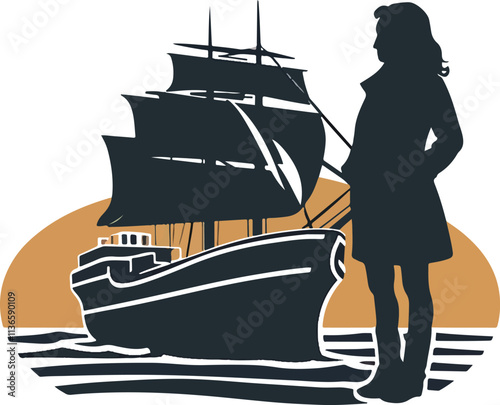A logo with a silhouette of a woman standing on a merchant ship
