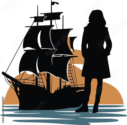 A logo with a silhouette of a woman standing on a merchant ship
