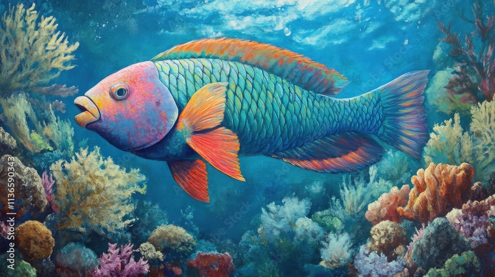 Fototapeta premium A vibrant parrotfish grazing on coral in a tropical reef