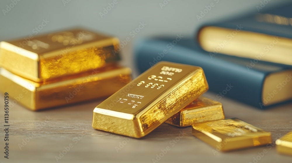 Shiny Gold Bars Arranged Neatly on a Wooden Surface with a Book in the Background Highlighting Wealth and Luxury Investment Concepts Shiny Gold Bars Arranged Neatly on a Wooden Surface with a Book in the Background Highlighting Wealth and Luxury Investment Concepts