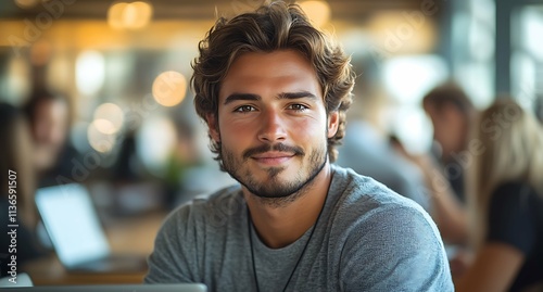 handsome young businessman sitting at table in office.