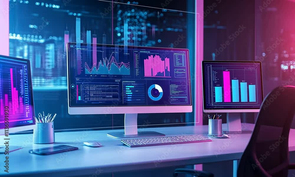 Neon-lit workspace with three computer monitors displaying data analytics charts and graphs.