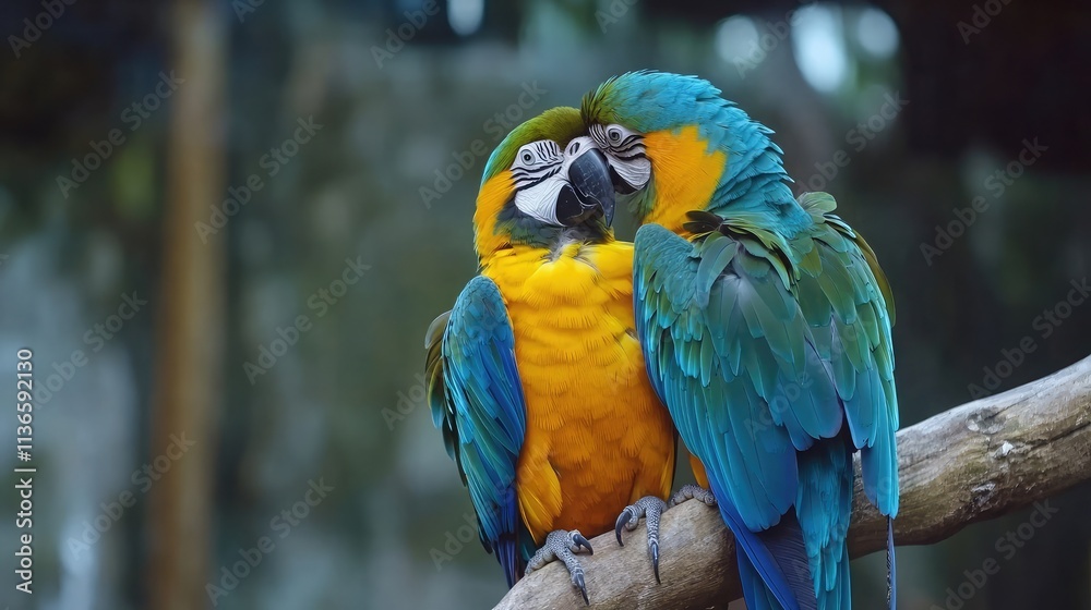 Two vibrant blue and yellow macaws cuddle on a branch, showcasing their striking plumage and affectionate bond. A heartwarming scene of nature's beauty. Two vibrant blue and yellow macaws cuddle on a branch, showcasing their striking plumage and affectionate bond. A heartwarming scene of nature's beauty.