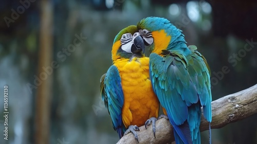 Two vibrant blue and yellow macaws cuddle on a branch, showcasing their striking plumage and affectionate bond. A heartwarming scene of nature's beauty.