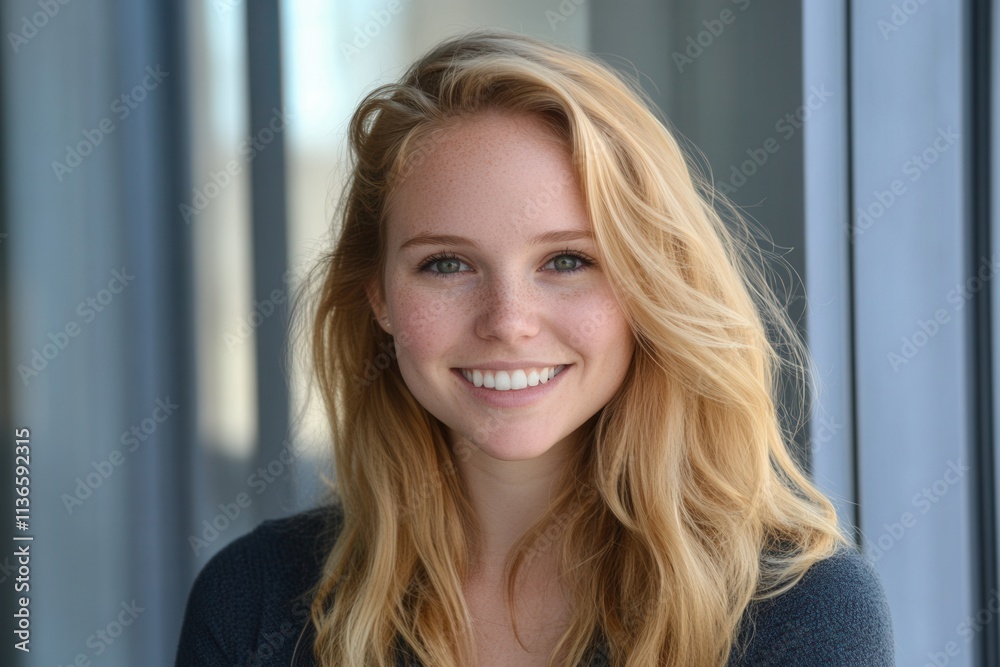 Portrait of smiling blonde woman with freckles in office environment Portrait of smiling blonde woman with freckles in office environment