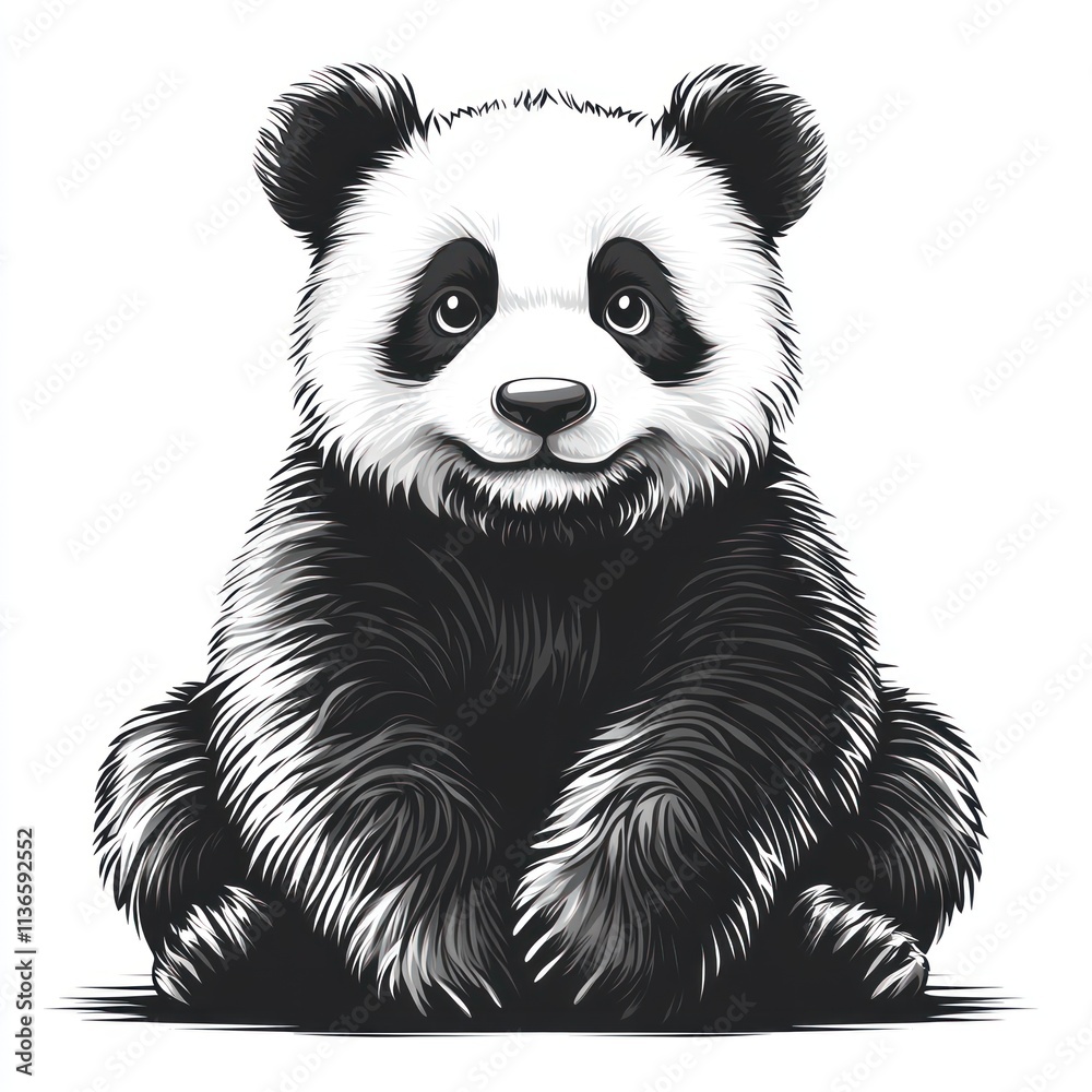 Obraz premium Adorable baby panda bear sitting, black and white illustration.