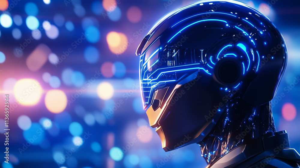AI-Driven Humanoid Head with Digital Blue Line Patterns An advanced humanoid AI head, with a smooth, polished surface and sharp, angular features, is adorned with glowing blue line AI-Driven Humanoid Head with Digital Blue Line Patterns An advanced humanoid AI head, with a smooth, polished surface and sharp, angular features, is adorned with glowing blue line