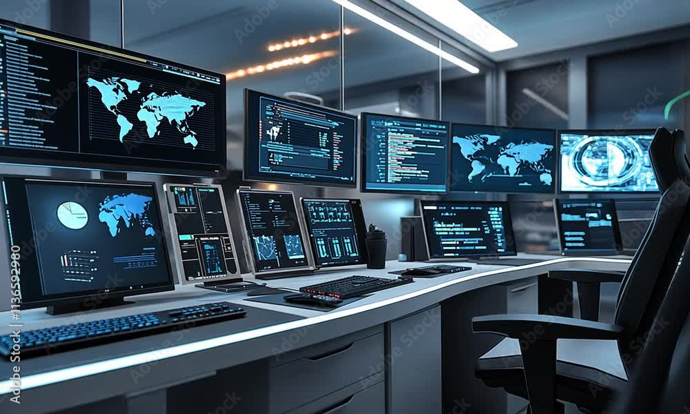 Modern Cybersecurity Command Center with Multiple Monitors Displaying Data and Code