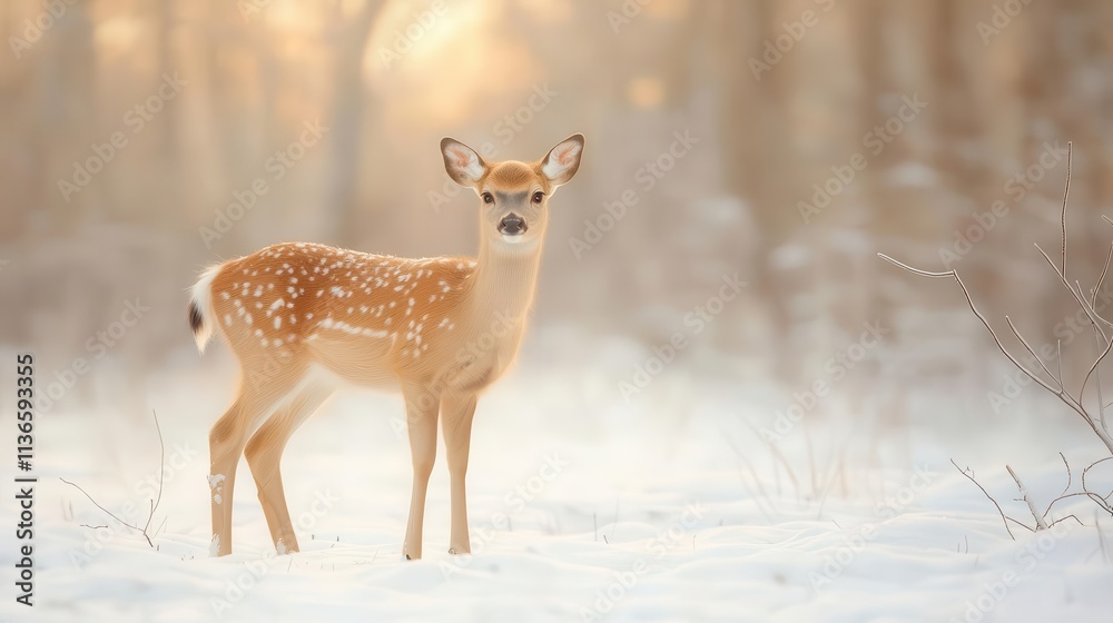 A deer standing in a snowy forest at dusk, soft light and a sense of enchantment. A deer standing in a snowy forest at dusk, soft light and a sense of enchantment.
