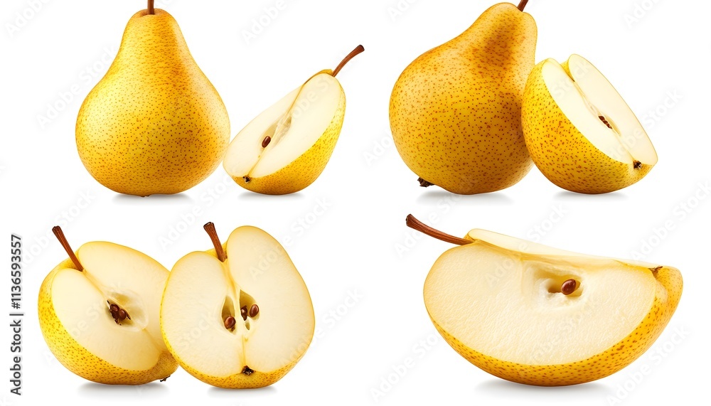 A set of Yellow pear isolated on a white background. It includes whole,halved and slice, all with full depth of field. --ar 7:4