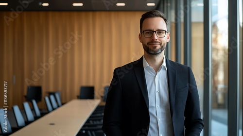 Portrait of confident businessman in eyeglasses standing in conference room photo