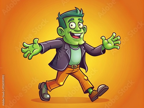 Outlined Halloween Frankenstein Cartoon Character Walking With Arms Out, Flat Design Illustration for Spooky Season Celebrations, Perfect for Party Invitations and Decorations photo