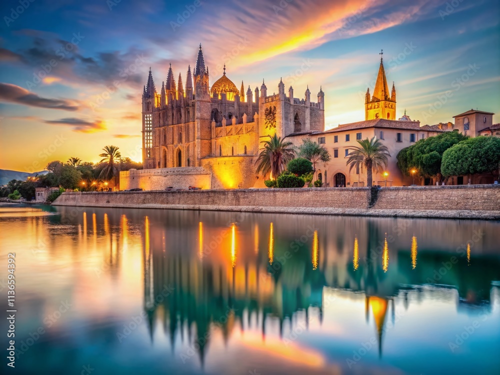 Obraz premium Palma de Mallorca Sunset, La Seu Cathedral, Long Exposure Photography, AI Generated Image