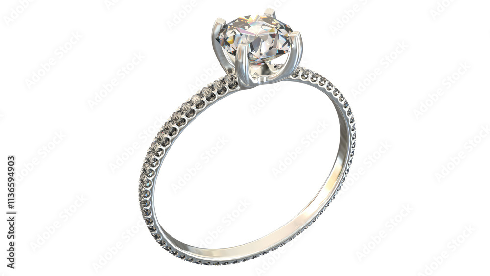 3D render of a white gold ring with a diamond on a light background. 3D render. 3D render of a white gold ring with a diamond on a light background. 3D render.