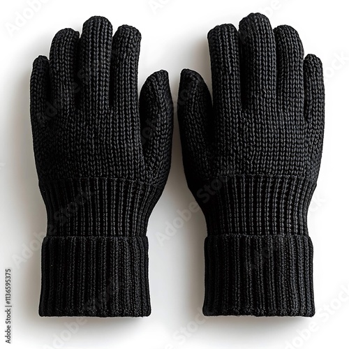 Black winter gloves isolated on white background. Top view. Flat lay. photo