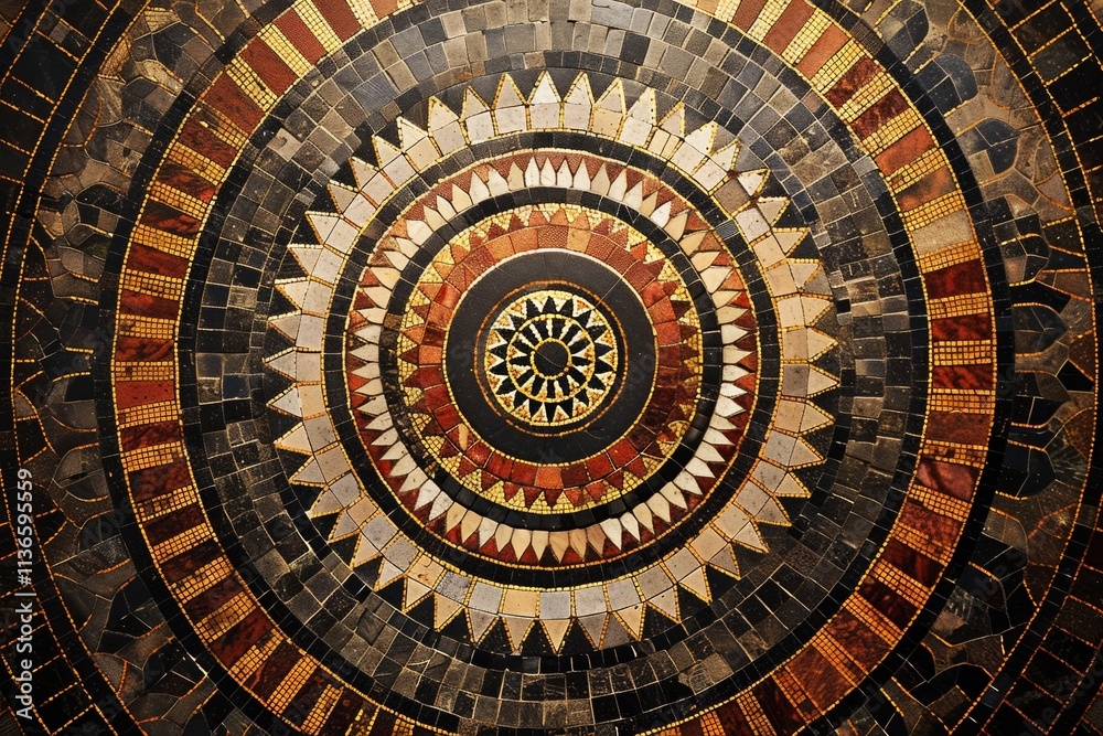 Mosaic pattern with circular shapes and intricate designs in shades of black, brown, reds, yellows, beige, white, and gold Mosaic pattern with circular shapes and intricate designs in shades of black, brown, reds, yellows, beige, white, and gold