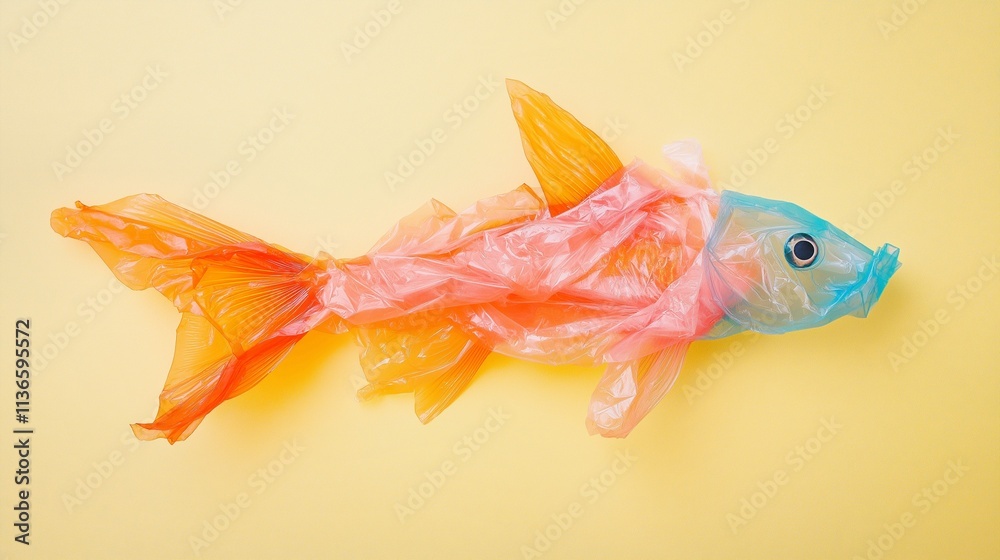 Fish made of all sorts of colorful plastic on a bright background. Save the Planet, environment protection concept.