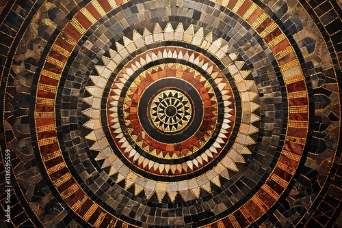 Mosaic pattern with circular shapes and intricate designs in shades of black, brown, reds, yellows, beige, white, and gold