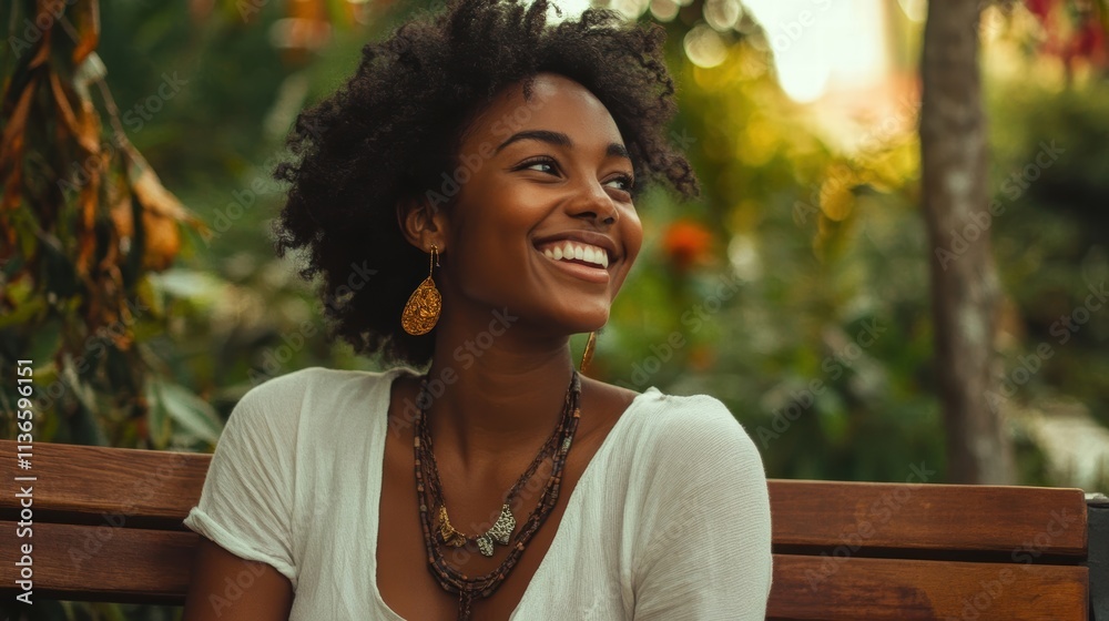 happy woman sitting on a bench in a garden happy woman sitting on a bench in a garden