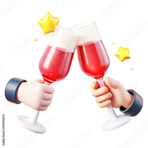 Hands hold glass of white sparkling, red wine, champagne or cocktail line drawing. Cheers  3d  cartoon style illustration 