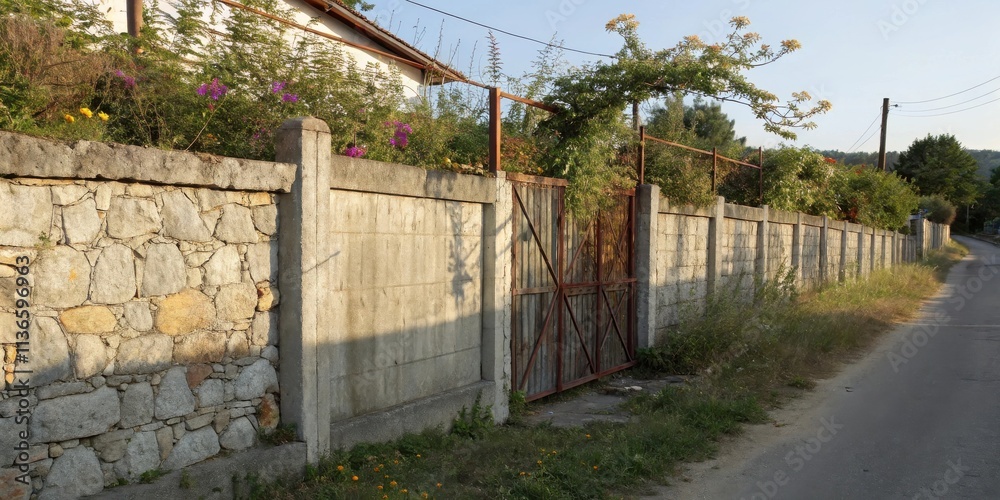 A Rusty Metal Gate Partially Obscures the View of a Long Stone and Concrete Wall Leading to a Rural Road A Rusty Metal Gate Partially Obscures the View of a Long Stone and Concrete Wall Leading to a Rural Road