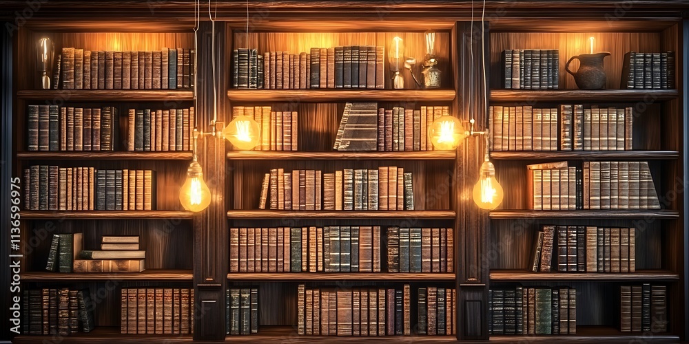 Antique Library Bookcase with Glowing Lightbulbs, books, bookshelf, interior design, vintage, Generative Ai Antique Library Bookcase with Glowing Lightbulbs, books, bookshelf, interior design, vintage, Generative Ai