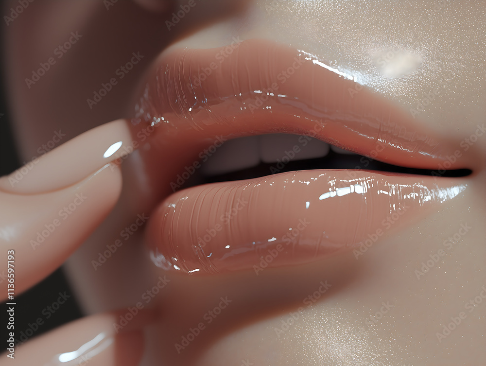 Obraz premium An artistic close-up of glossy lips adorned with a natural nude lipstick. The soft lighting highlights the smooth texture, gloss, and elegance, evoking beauty, femininity, and sensuality.