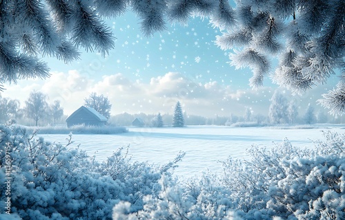 Frozen winter forest with snow covered trees.  photo