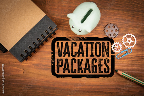 Obraz na plátně Vacation Packages. Stamp on wood texture background. Office desk