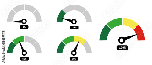 Speedometer icons set with percentage. Speed indicators. Speed dial indicator green, yellow and red color. low and high barometers. Infographic of risk, gauge, score progress. Speed, Power. Gauge.