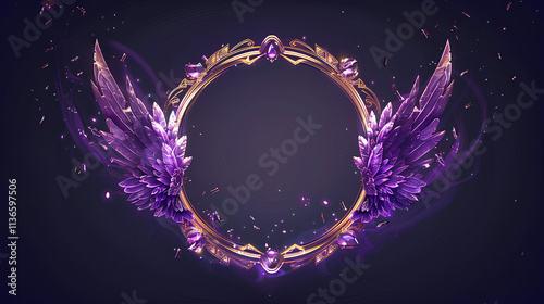 purple and gold circular avatar frame with angel wings on the left, dark background, game style UI icon design, parkling gemstones embellishments photo