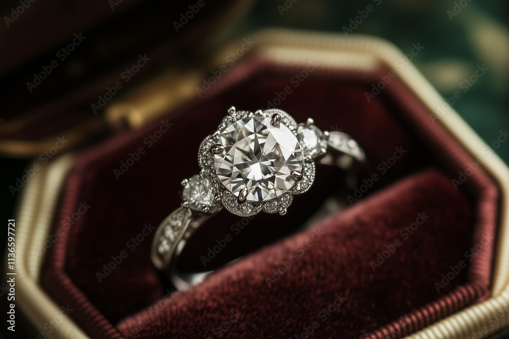 beautiful diamond ring is displayed in a red velvet box. The ring is a large, round diamond with a halo design, and it is surrounded by a small amount of gold. The box is ornate and has a gold trim beautiful diamond ring is displayed in a red velvet box. The ring is a large, round diamond with a halo design, and it is surrounded by a small amount of gold. The box is ornate and has a gold trim