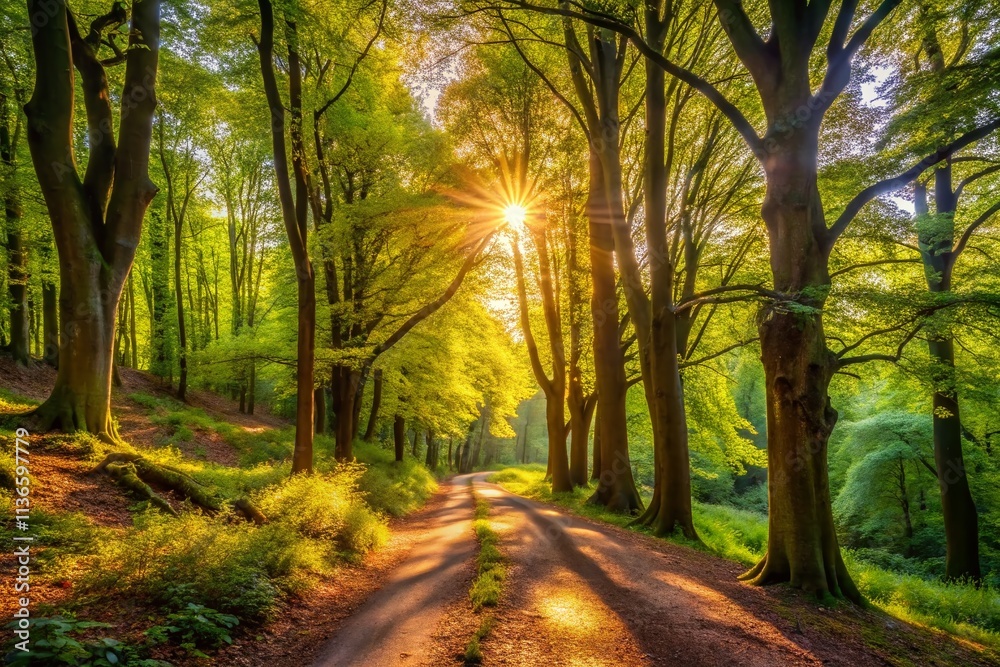 Fototapeta premium Panoramic North Downs Way: Chantry Woods Woodland Path, Albury, Guildford Hiking Trail Photography