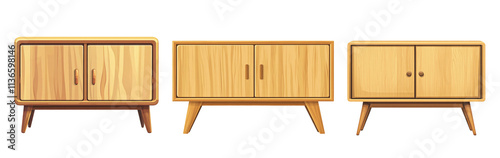 A modern set of three wooden cabinets displayed on a transparent background, showcasing minimalist mid-century design. Each cabinet features clean lines, sleek wooden surfaces, and distinct handles. 
