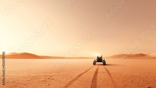 A robotic rover traversing the rocky terrain of Mars under a dusty pink sky photo