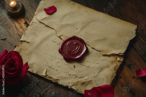 beautiful red rose is placed on top of a piece of paper with a red wax seal. The wax seal is circular and has a shiny, glossy appearance. The paper is brown and slightly crinkled, giving it an old photo