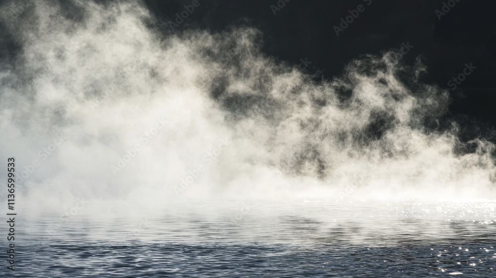 Steam rising from water creates mystical atmosphere, enhancing serene beauty of scene. interplay of light and mist adds depth and intrigue to tranquil setting