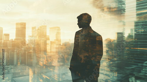 Businessman silhouette looking at the city with skyscrapers at sunset, double exposure image with business and future concept