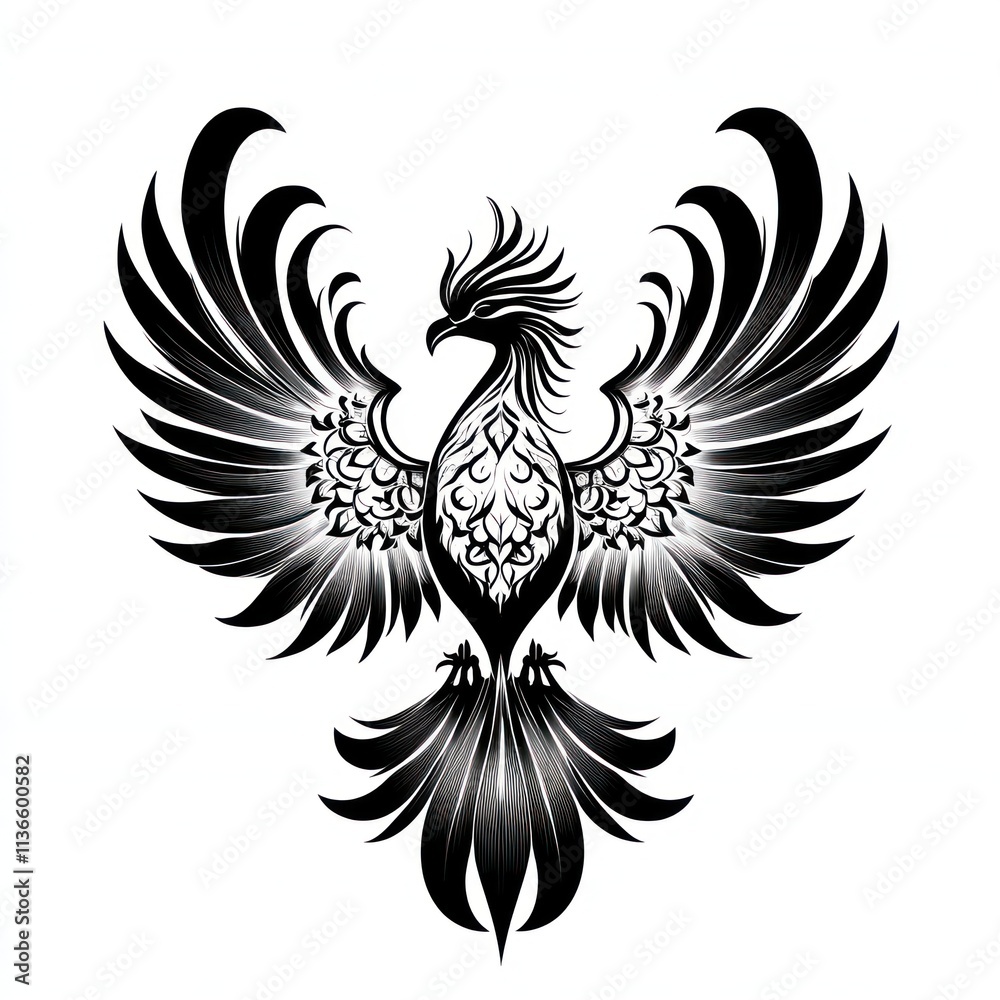Ornate black and white phoenix design with detailed wings and body. Ornate black and white phoenix design with detailed wings and body.