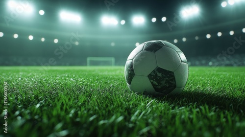 A soccer ball resting on freshly cut grass in a stadium, styled under bright spotlights