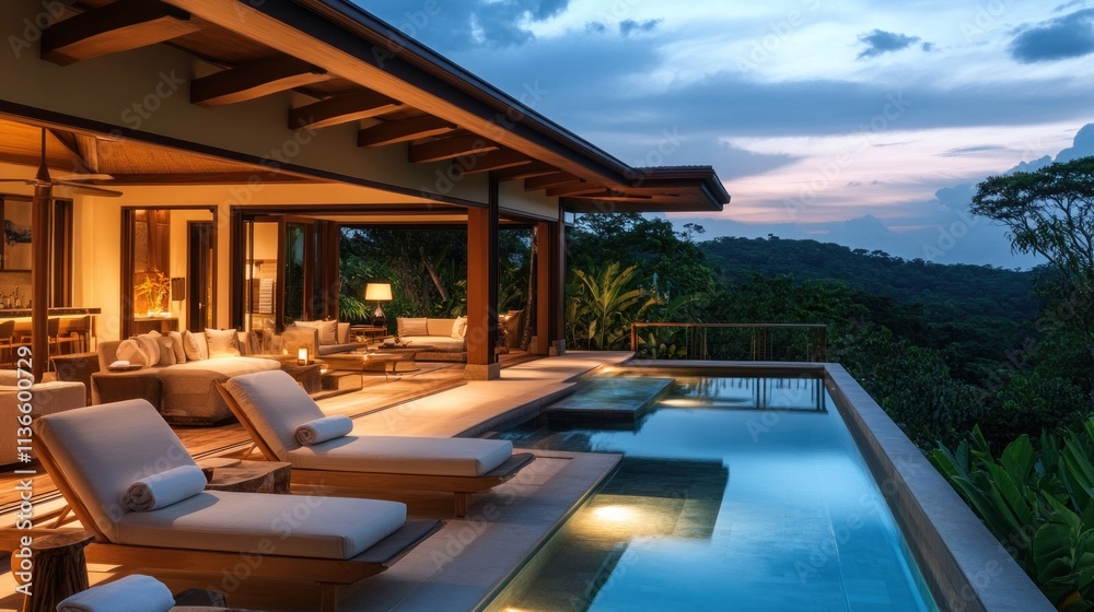 Fototapeta premium Luxury Villa with Infinity Pool Overlooking Lush Forest at Sunset